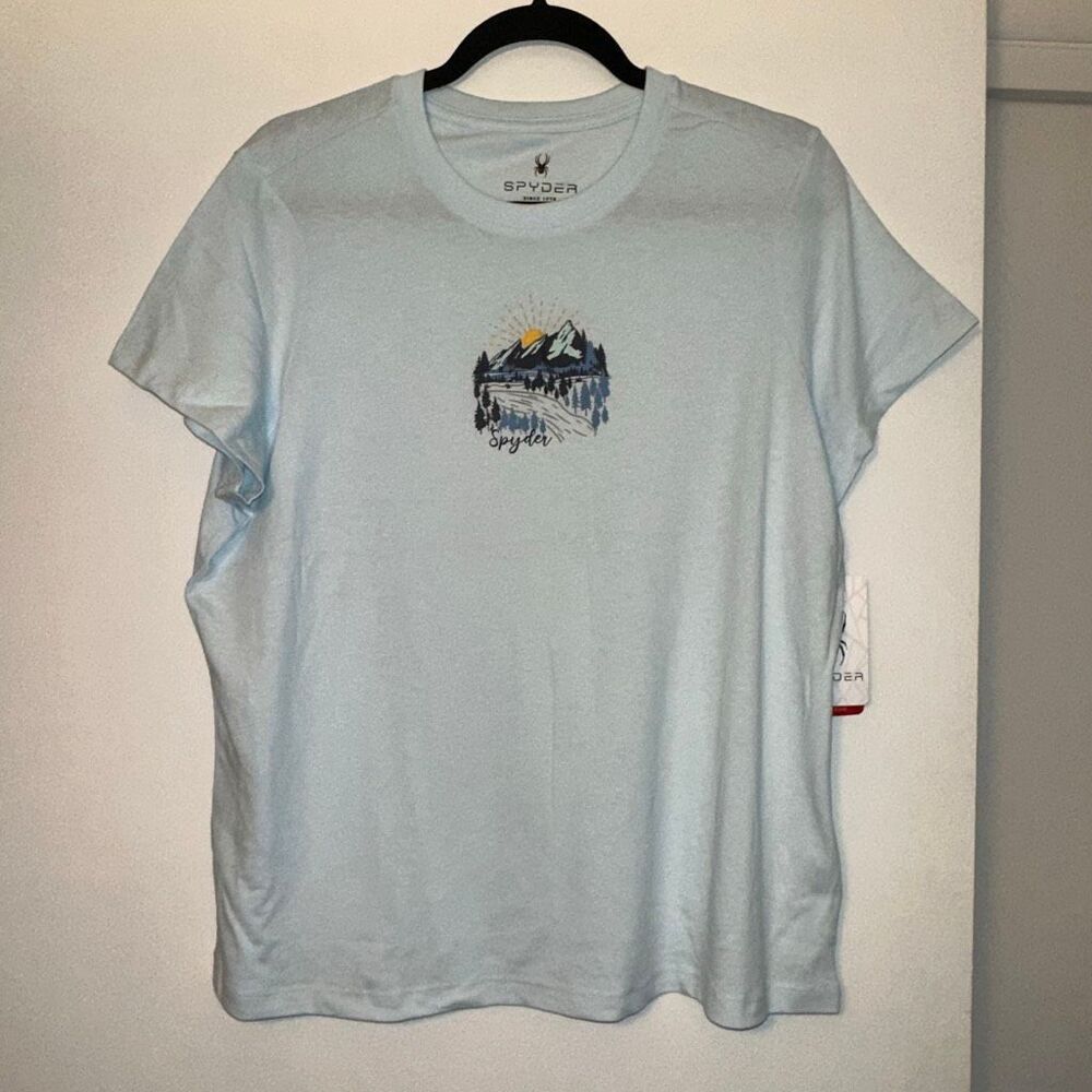 Spyder Womens XL Light Blue Graphic Short Sleeve Crew Shirt Mountain DAMAGED